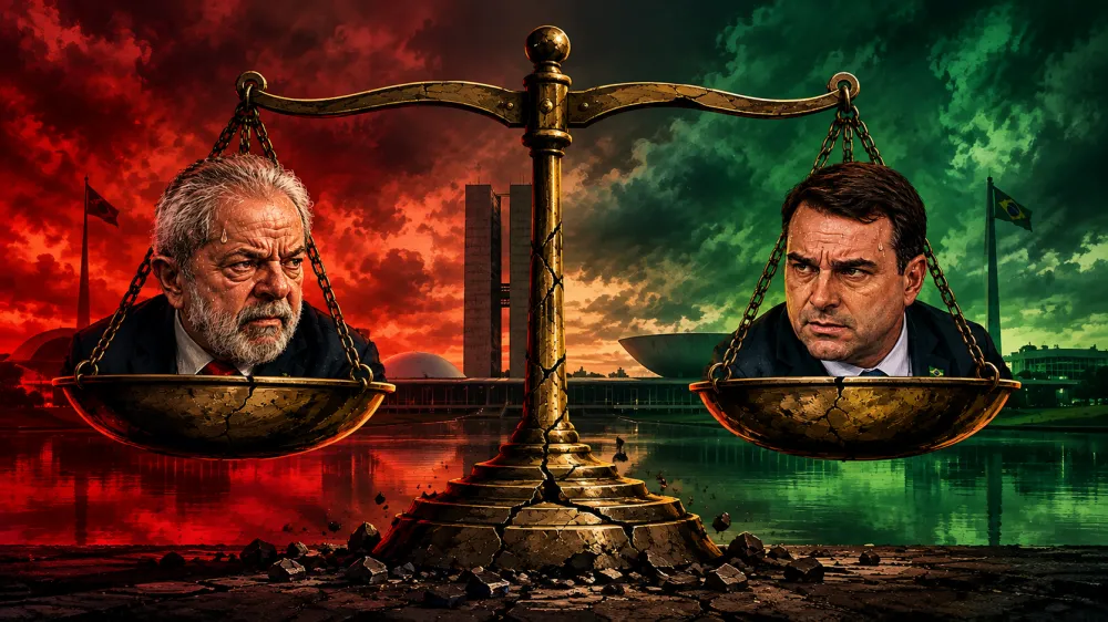 Disputa presidencial entre Lula e Fl&aacute;vio Bolsonaro ocorre com falta in&eacute;dita &agrave;s urnas e uma perspectiva pessimista no pa&iacute;s em 2027. Imagem: Portal Via Goi&aacute;s - Desenvolvida por IA.